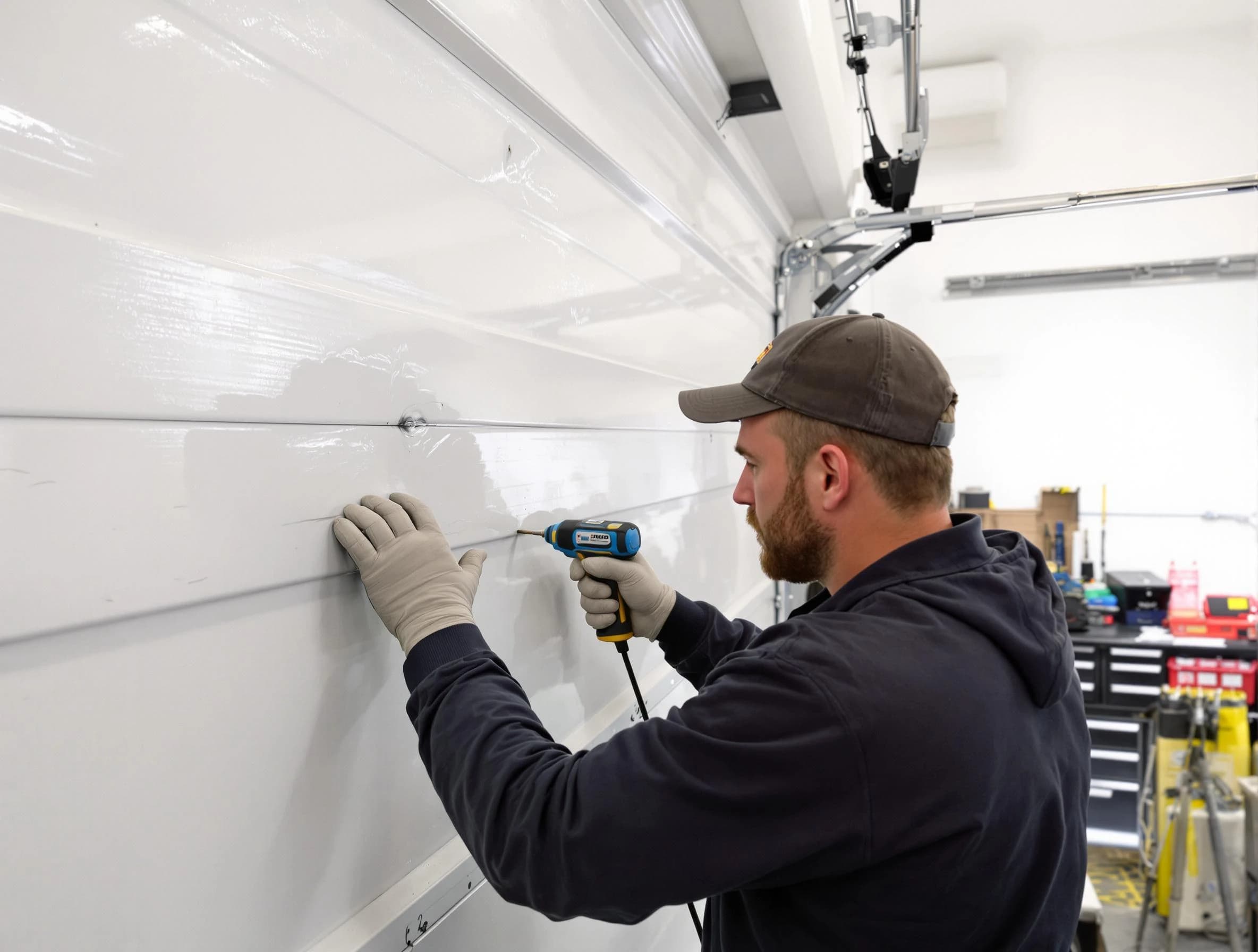 Coopertown Garage Door Repair technician demonstrating precision dent removal techniques on a Coopertown garage door